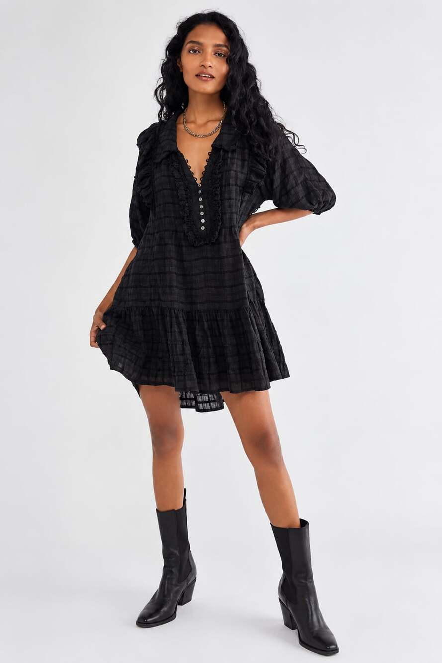 Free People Elora Mini Dress Size XS Black Plaid Ruffle